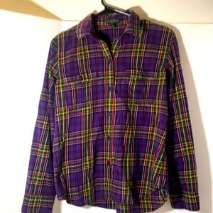 LRL Lauren Jeans Co. size L button down purple black plaid layering 100% cotton